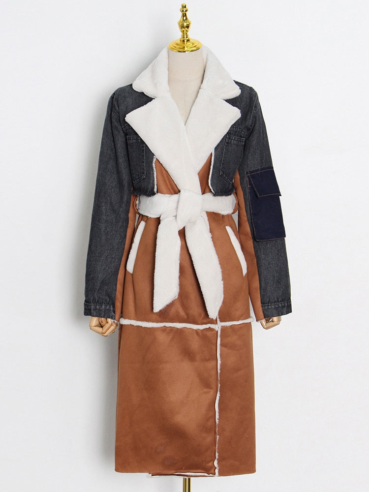 Lace Up Patchwork Denim Lambswool Jacket for Women