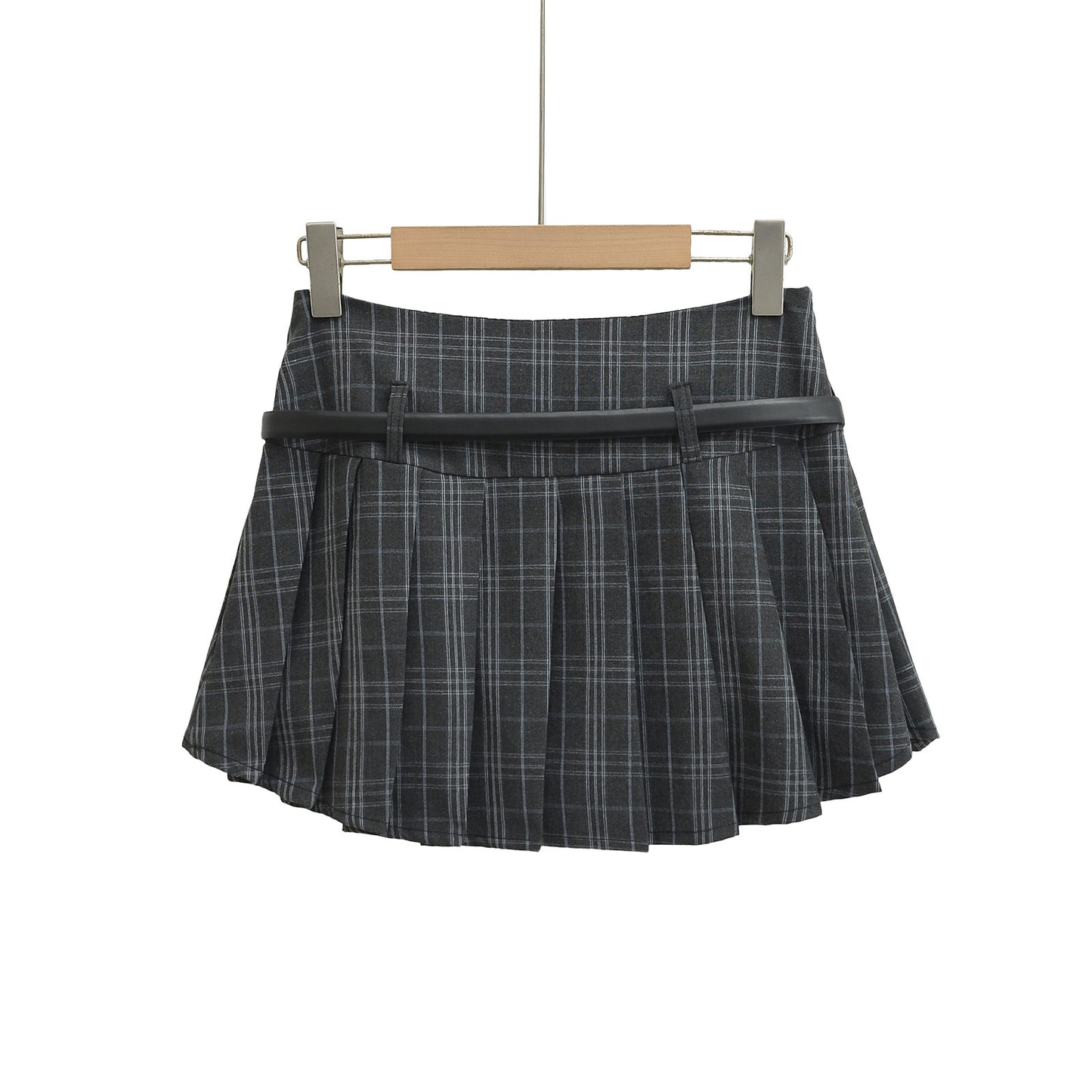 High Waist Slimming Small Plaid Belt Pleated Short Skirt