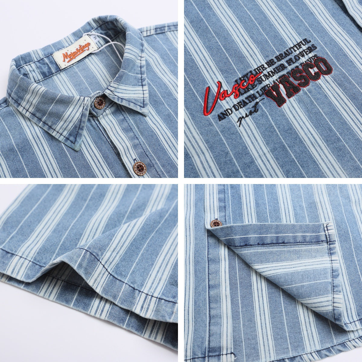 Retro Washed Letter Embroidered Striped Denim Shirt