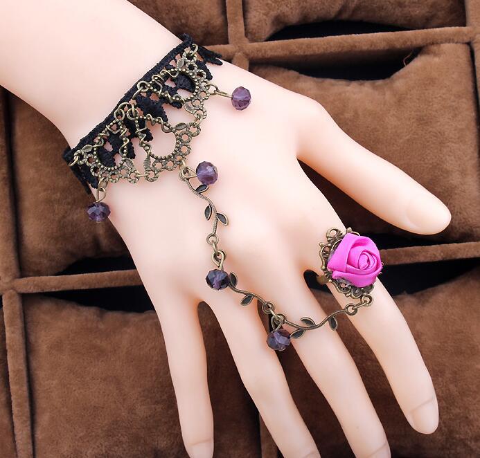 Retro Flower Vine Lace Bracelet with Ring - Harajuku Style