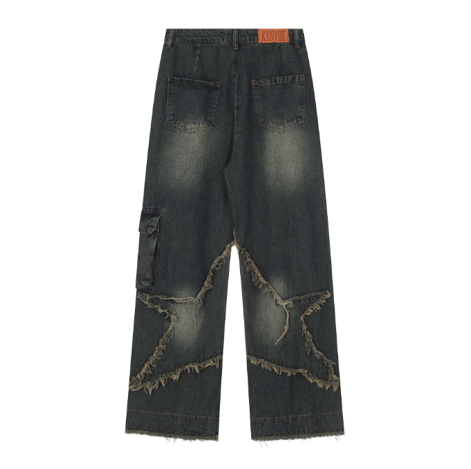 Playful Star Embroidery Multi Pocket Jeans for Men