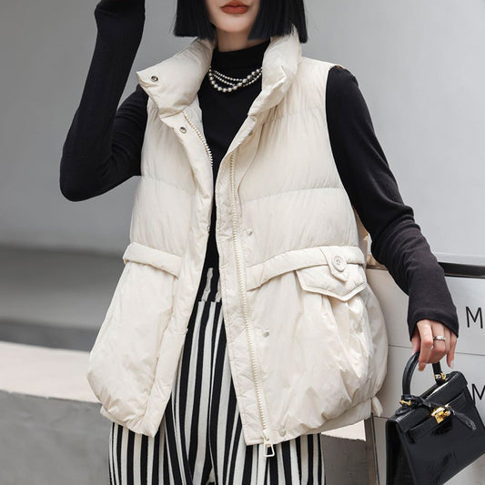 Harajuku Style Stand Collar Sleeveless White Duck Down Vest