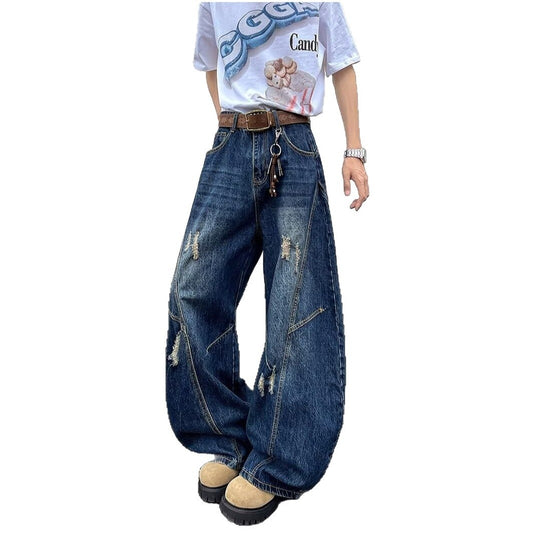 Deep Blue Wide Leg Ripped Denim Knife Pants