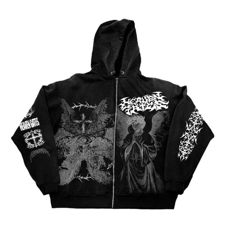Angel Print Hooded Hoodie with Zipper Loose Fit Y2K