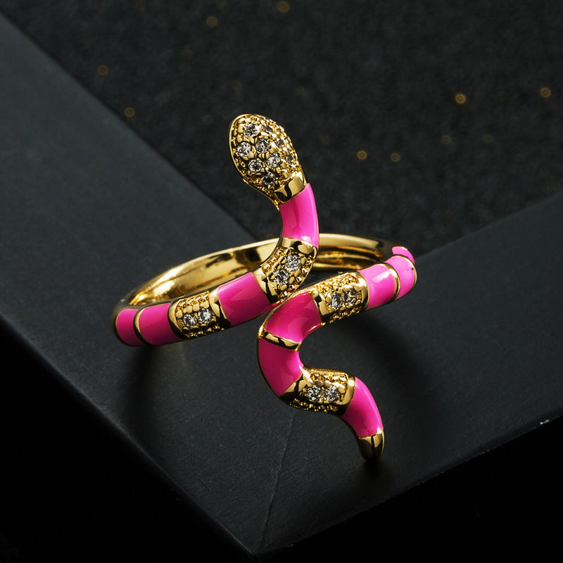 Harajuku Style Copper Gold Plated Zircon Drip Oil Snake Ring