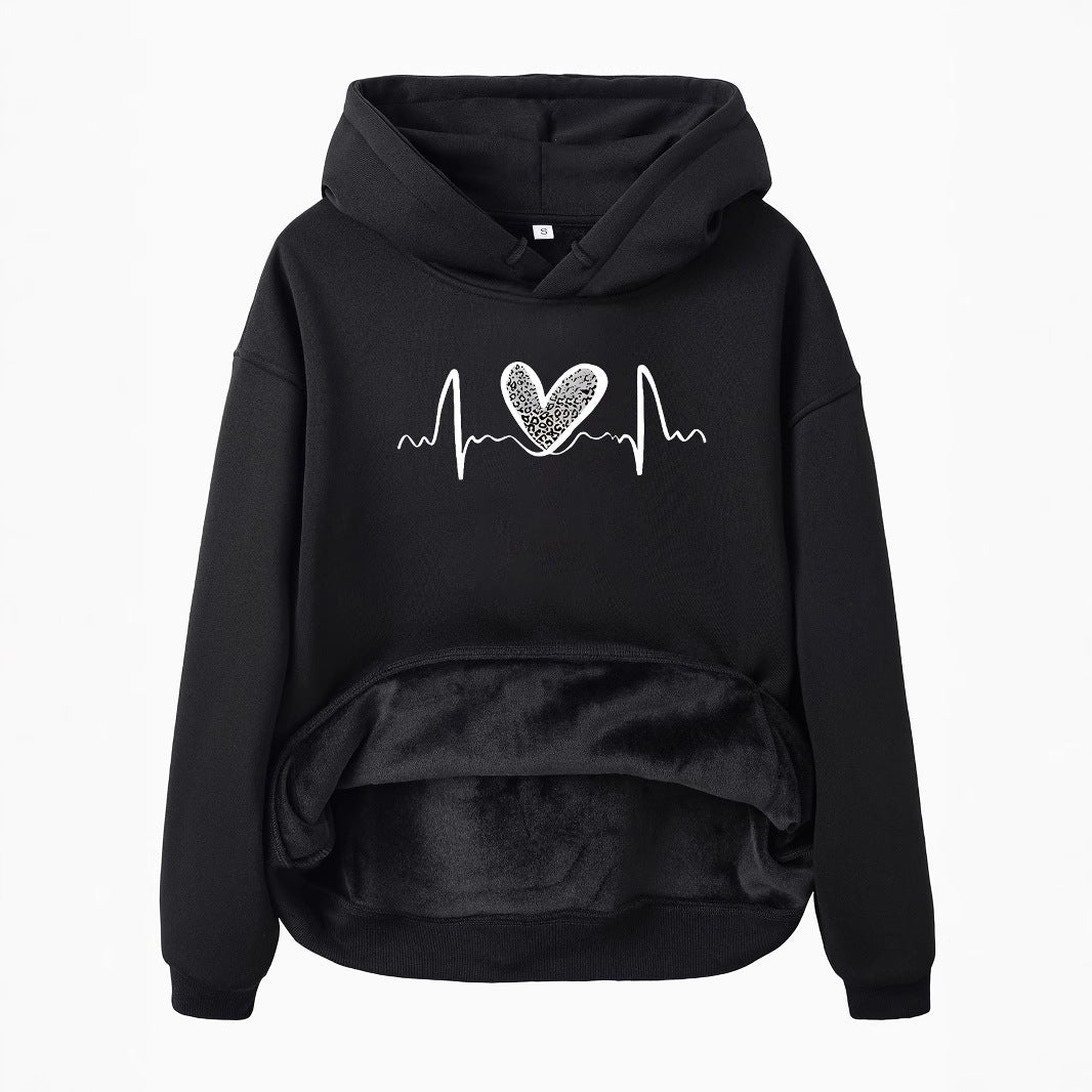 Pocket Hooded Long Sleeved Fleece Sweatshirt with Leopard Print Heart Design