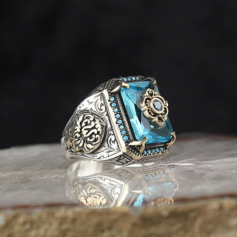 Tribal Aquamarine Zircon Ring - Vintage Geometric Style