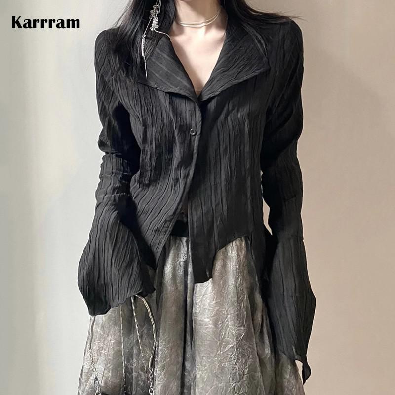 Karrram Gothic Black Shirt - Yamamoto Style Dark Aesthetic Blouse for Women - Irregular Designer Emo Alt Grunge Tops - Y2K Fashion