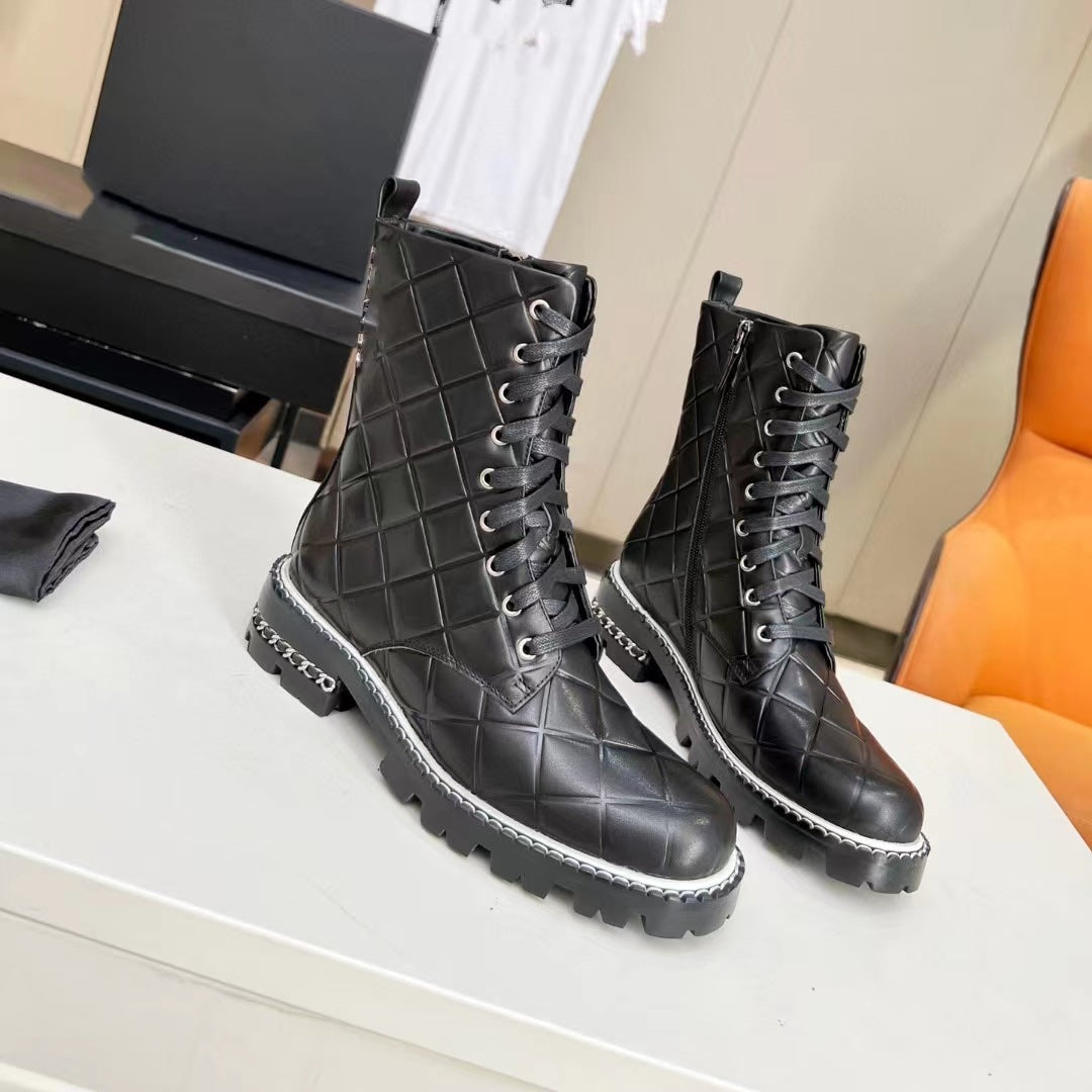 Harajuku Style Real Leather Low Heel Boots in Silvery Yellow