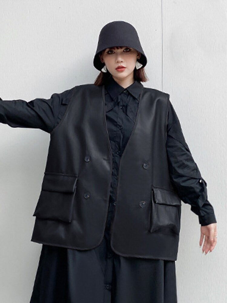 Coffee Color PU Leather Vest - Women Loose Fit V-Collar