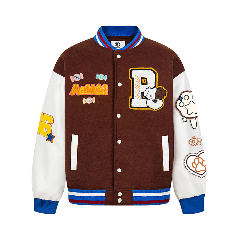 Letter Embroidery Color-blocked Thick Baseball Jacket Casual Terry Cloth Coat