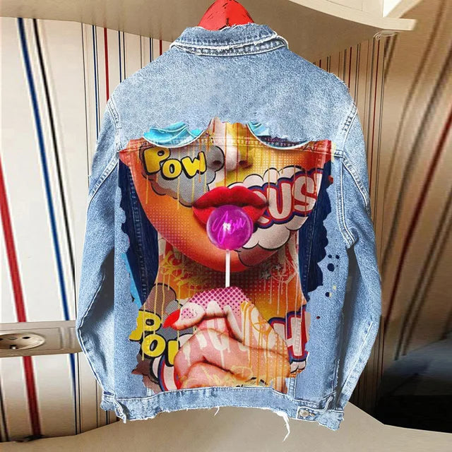 Playful Tongue Out Print Lapel Denim Jacket for Women