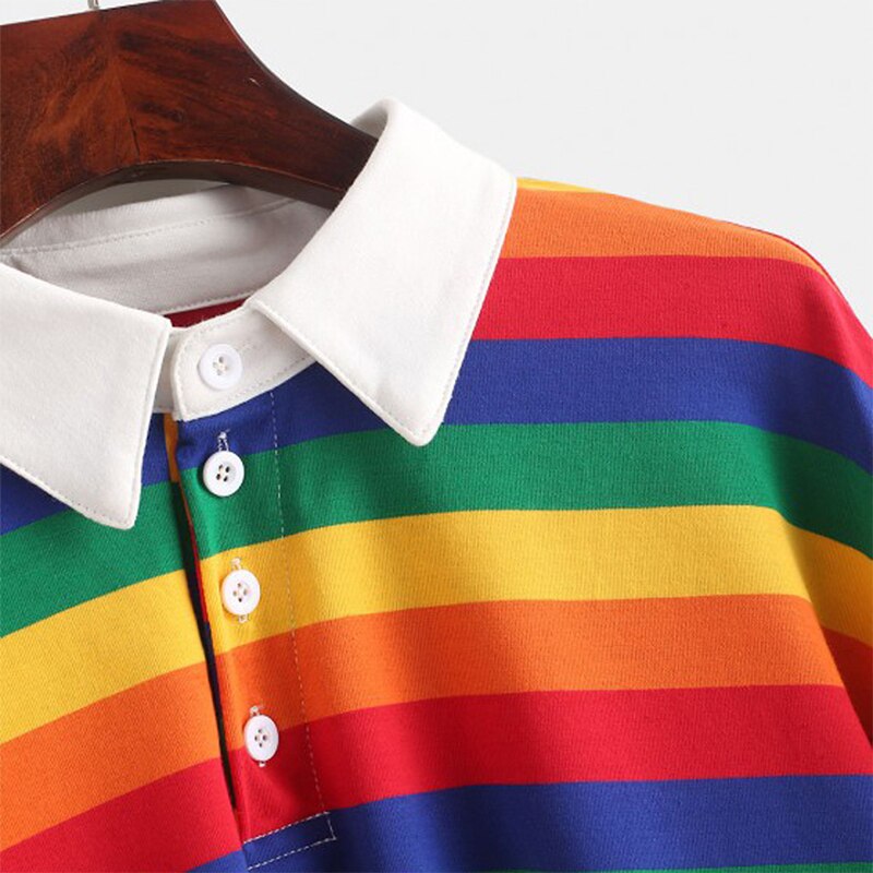 Rainbow Striped Long Sleeve Hooded Polo Shirt for Women
