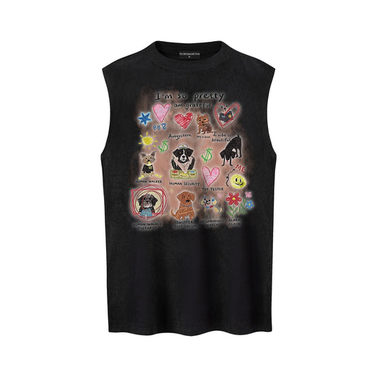Graffiti Dog Print Vest — Harajuku Style Loose Cotton Blend Vest (Dark Gray, Pink, Apricot, Black)