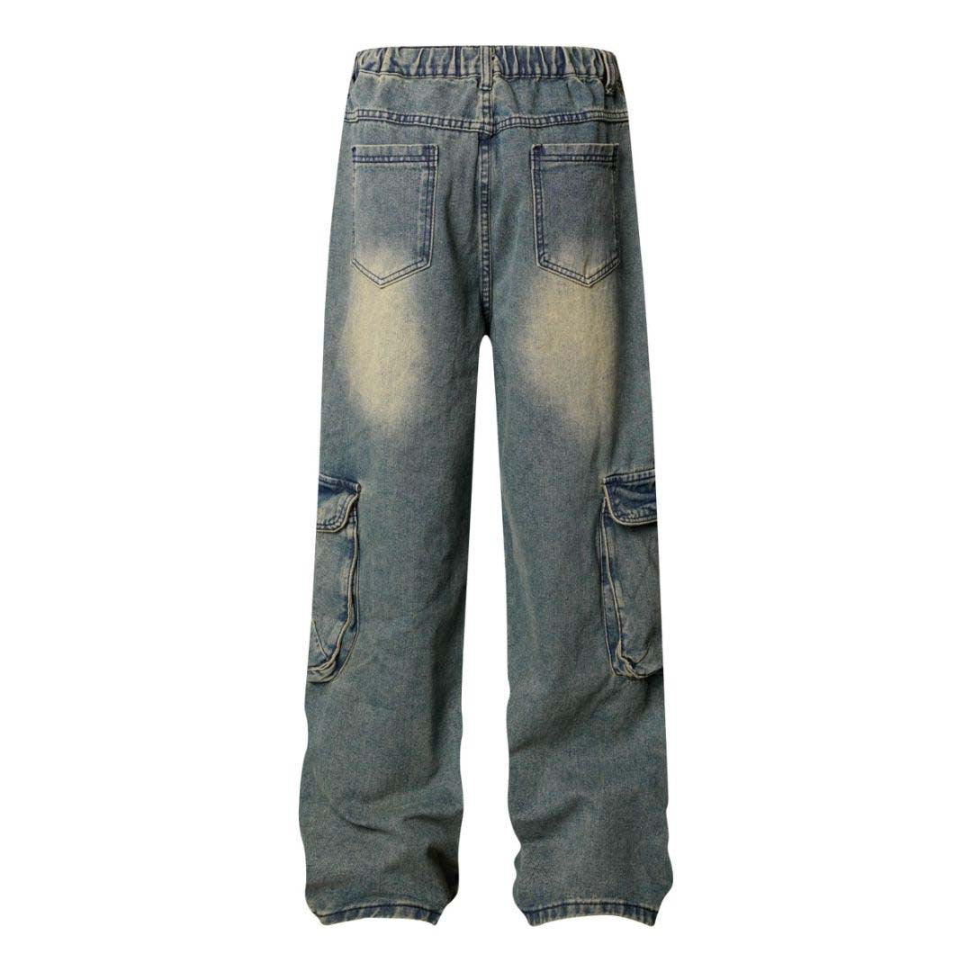 High Street Washed Vintage Multi-Pocket Denim Work Pants