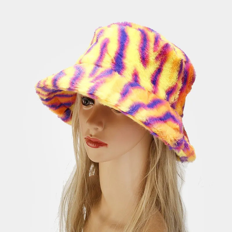 Harajuku Style Zebra Print Faux Fur Panama Bucket Hat