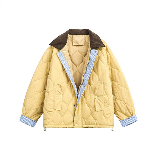 Flip Collar Diamond Grid Thick Warm Short Jacket