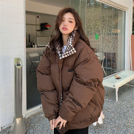 Harajuku Style Checkerboard Down Cotton Jacket for Women