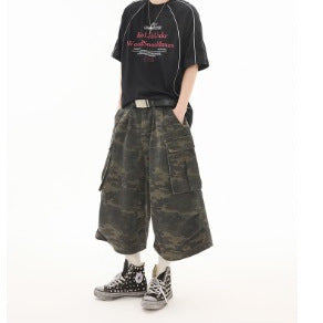 Retro Camouflage Multi Pocket Denim Shorts for Harajuku Style