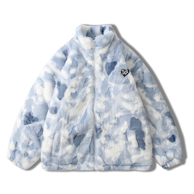 Trendy Tie Dye Stand Up Collar Plush Jacket
