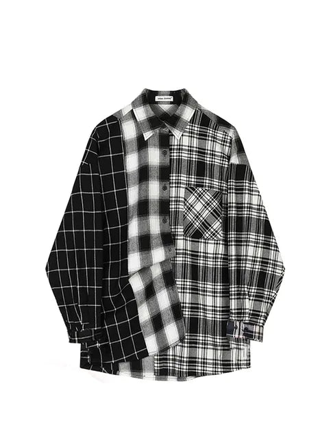 Oversized Plaid Patchwork Blouse - Harajuku Vintage Shirt