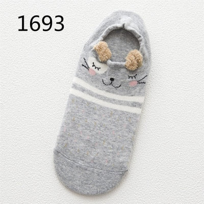 Kawaii Cat & Dog Cotton Socks for Women - Summer Boat Style