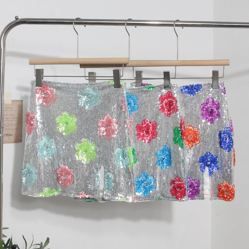 Retro Sparkling Flower Sequin Mini Skirt
