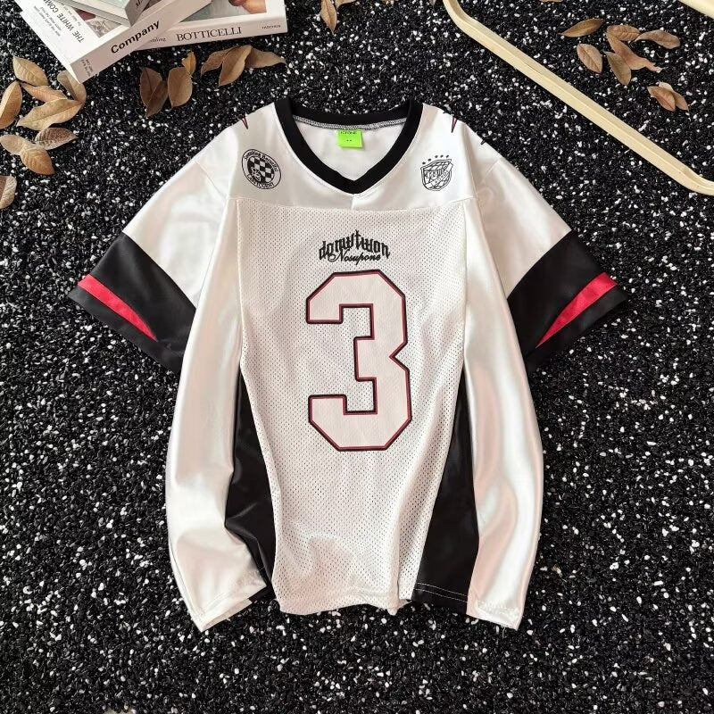 Retro Patchwork V-Neck Ice Hockey T-Shirt