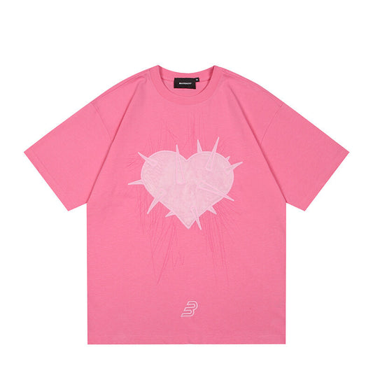 Harajuku Style Water Washed Plush Heart Loose T-Shirt