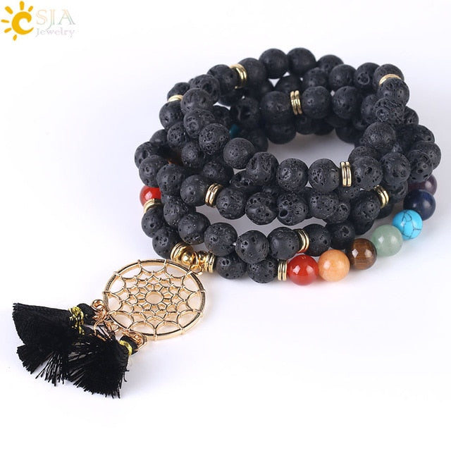 CSJA 108 Mala Beads Dreamcatcher Bracelet with Tassel Charm