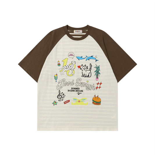 Color Block Cute Cat and Dog Print T-Shirt