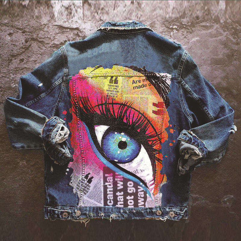 Harajuku Style Women's Lapel Denim Jacket with Unique Print