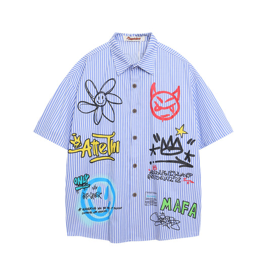 Style Striped Hand-Painted Cartoon Shirt for Men