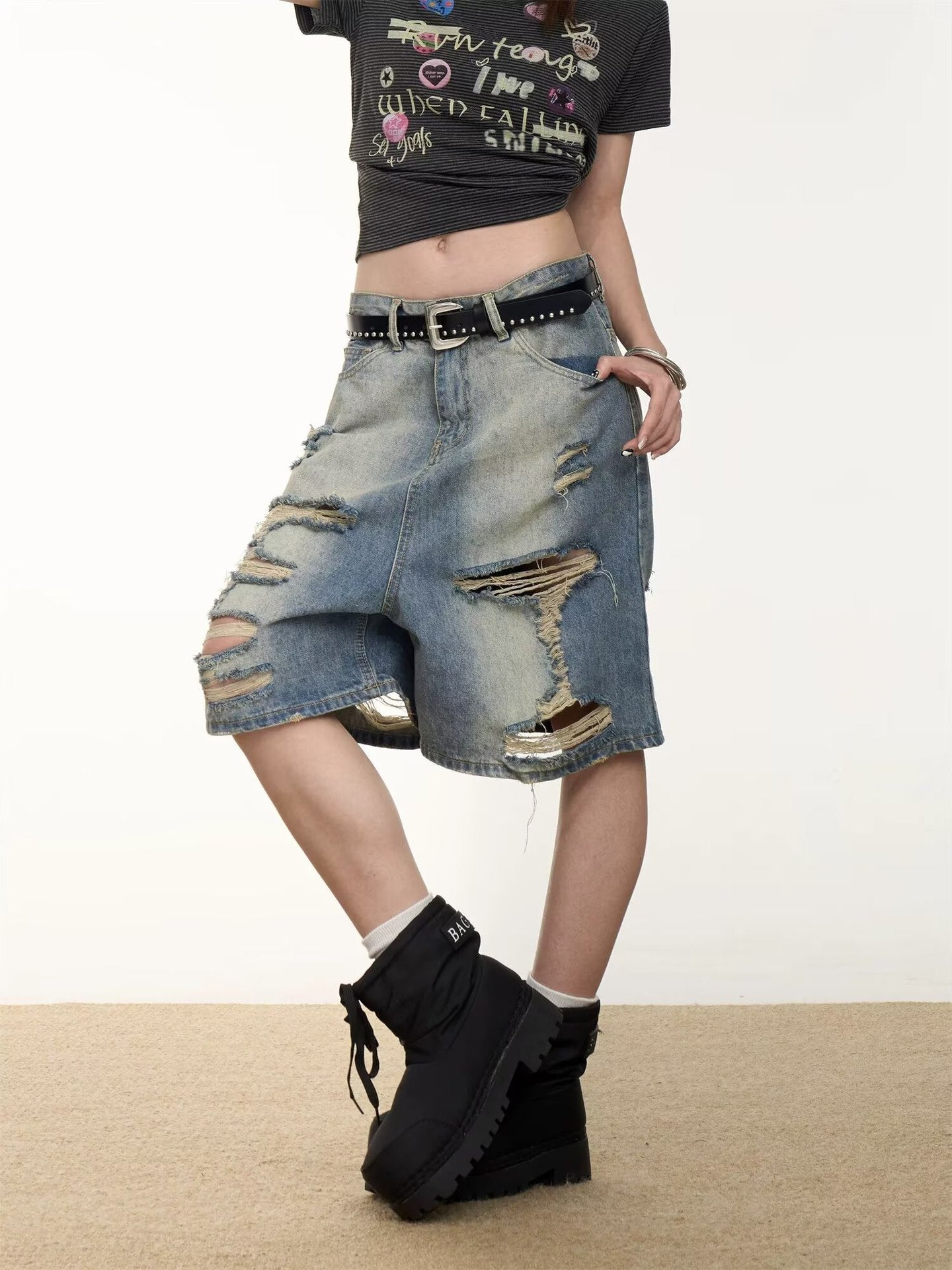 Retro Washed Distressed Denim Cropped Pants — Unisex Loose Wide Leg Shorts