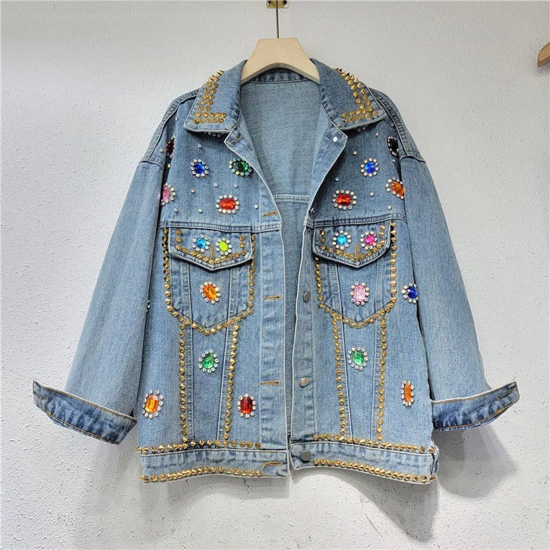 Colorful Beaded Denim Jacket - Harajuku Style