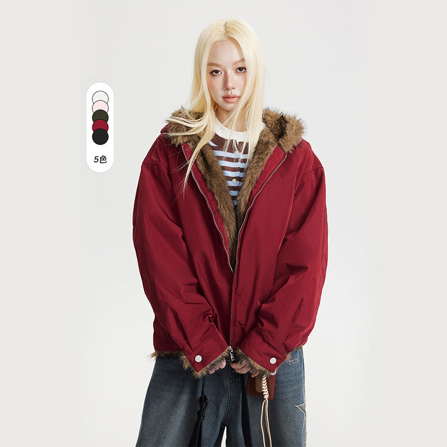 Hooded Fur Collar Loose Thick Jacket