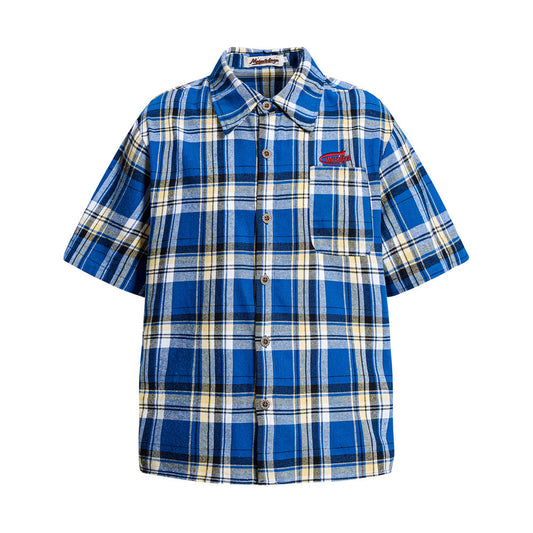 Loose Plaid Short Sleeved Shirt — Harajuku Street Plaid Shirt (Blue/Red)