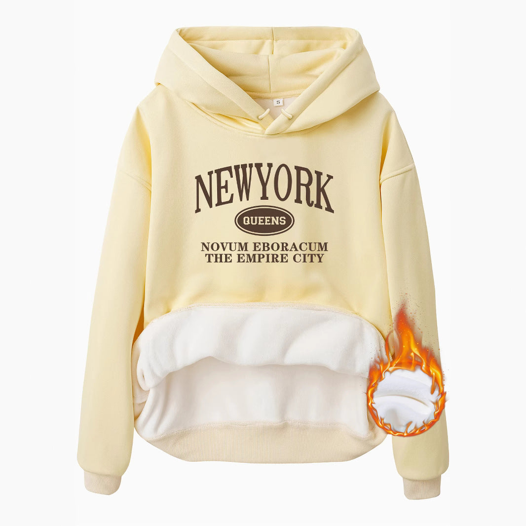 Pocket Hooded Long Sleeve Fleece Sweatshirt Top with NEW YORK Print