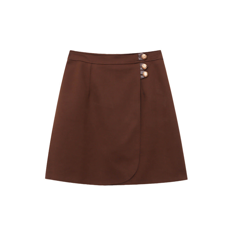 Chic French Vintage Style High-Waisted Slimming A-Line Mini Skirt with Metal Button Design