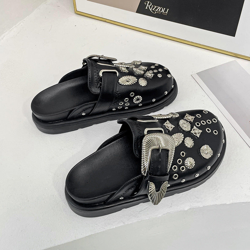 Metal Decor Ladies Leather Mules with Fur Inside