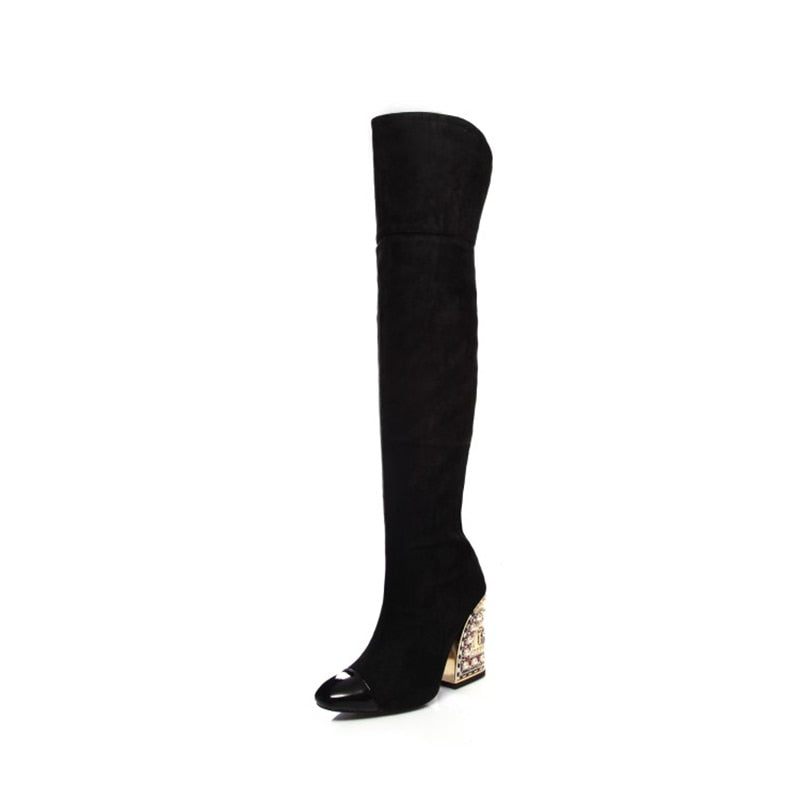 Fashionable Sexy Women's Pointed-Toe Over-The-Knee Boots with Pearl Pattern Shaped Heel - Large Size Party High Boots