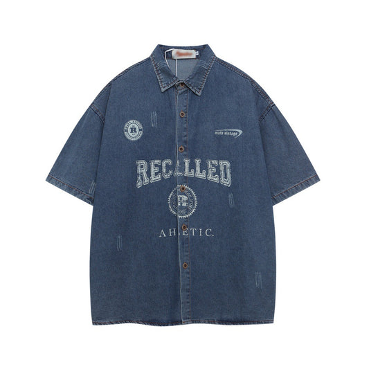 Faded Letter Print Denim Shirt - Retro Harajuku Style