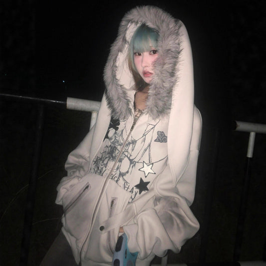 Fur Collar Rabbit Ear Hoodie for Women