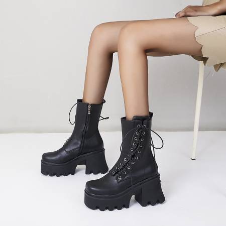 Lace-Up Chunky High-Heeled Platform Women's Short Boots