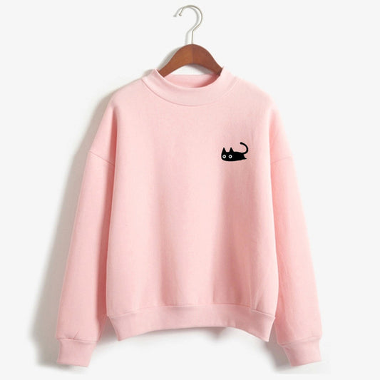Kawaii Black Cat Turtleneck Sweatshirt for Women