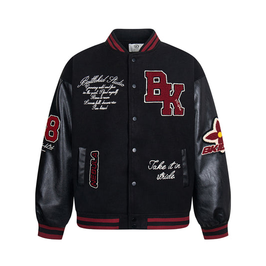 Retro Colorblock Letter Embroidery Bomber Jacket