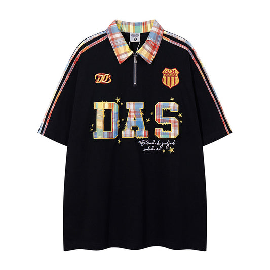 Retro Letter Embroidery Design Collar T-Shirt