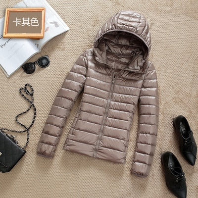 Ultra-Lightweight Slim Down Jacket for Women – Short Hooded Warm White Duck Down Coat