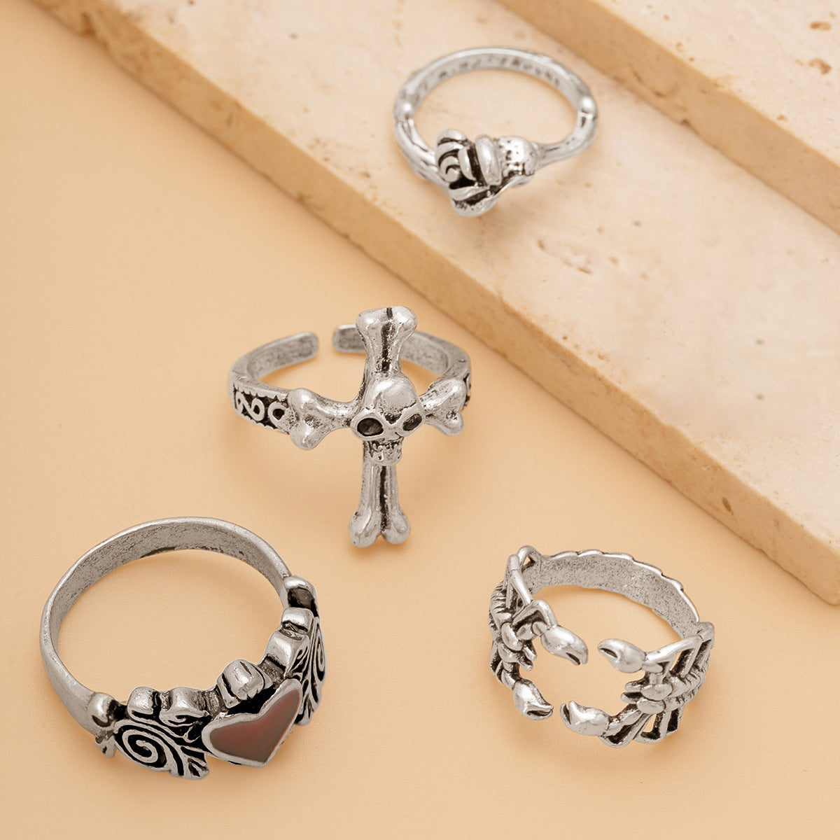 Harajuku Halloween Cross Skull Ring Set