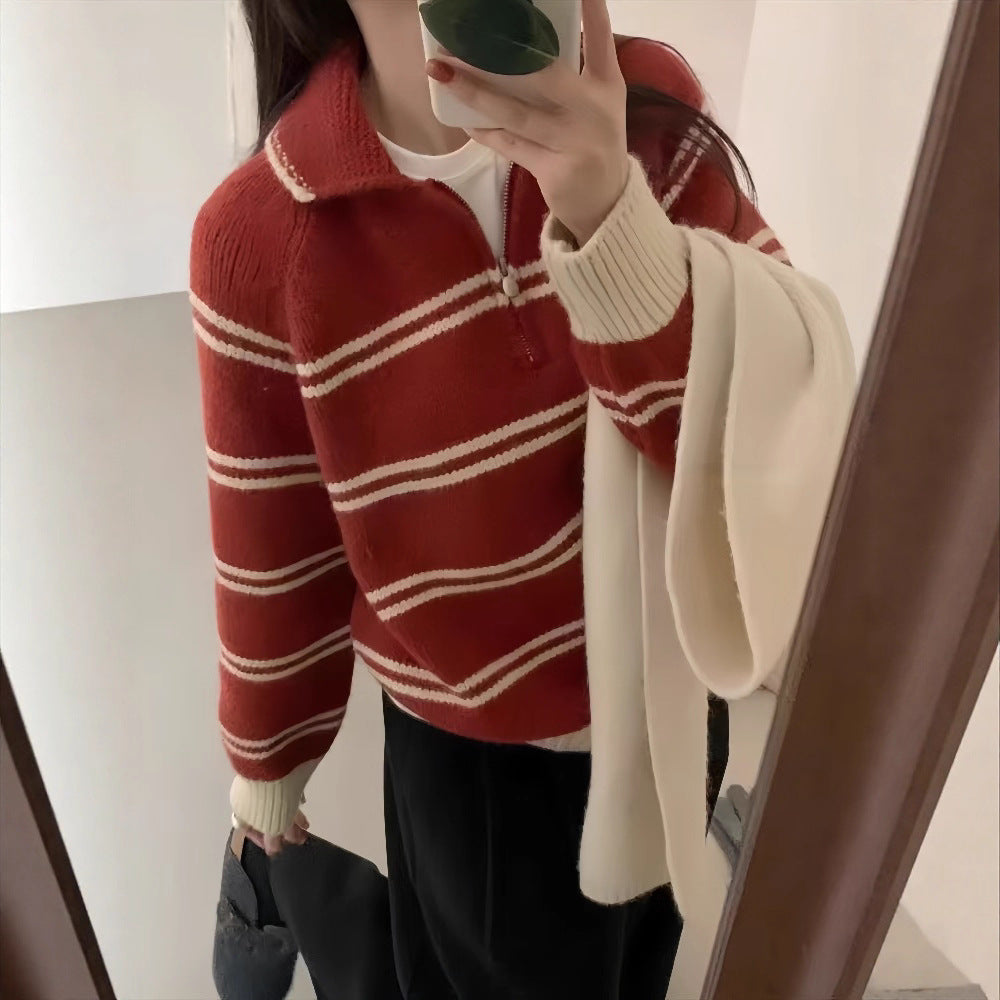 Striped Polo Neck Crewneck Sweater for Women, Half-Zip Turn-Down Collar Soft Knit Top